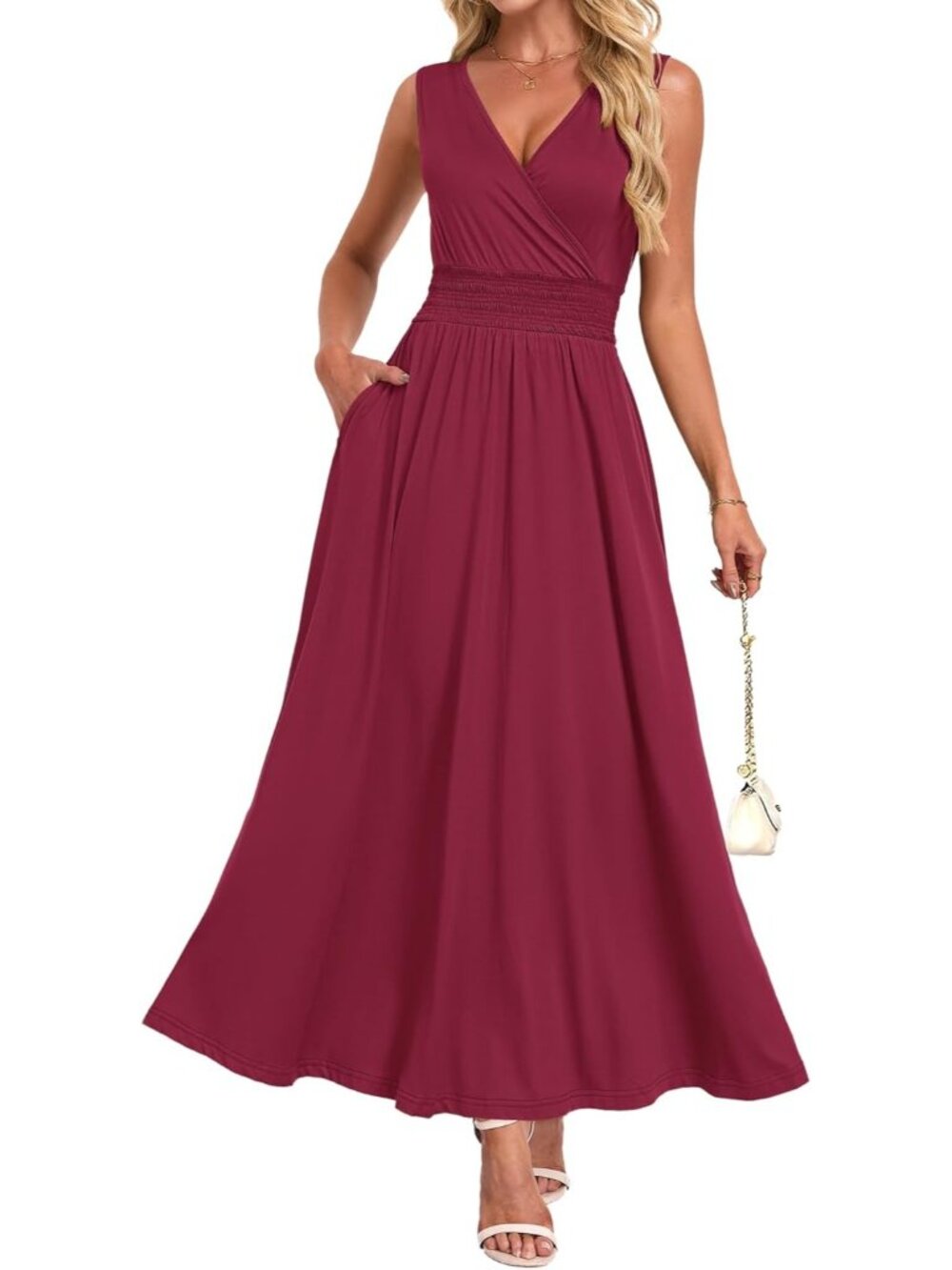 Women's Burgundy Summer Casual Dress V Neck Sleeveless Floral Boho Maxi Dress